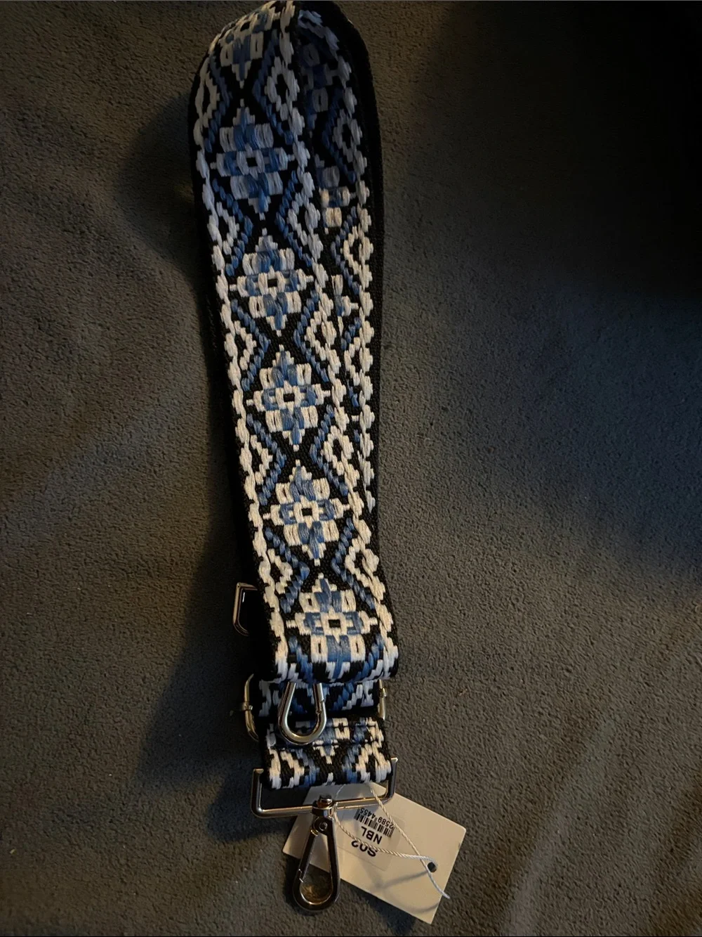 Boden Blue & White Woven Bag Strap with Geometric Pattern